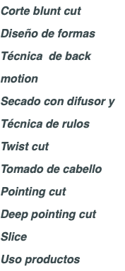 Corte blunt cut Diseño de formas Técnica de back motion Secado con difusor y Técnica de rulos Twist cut Tomado de cabello Pointing cut Deep pointing cut Slice Uso productos