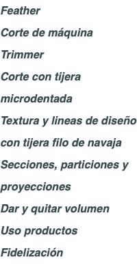 Feather Corte de máquina Trimmer Corte con tijera microdentada Textura y lineas de diseño con tijera filo de navaja Secciones, particiones y proyecciones Dar y quitar volumen Uso productos Fidelización