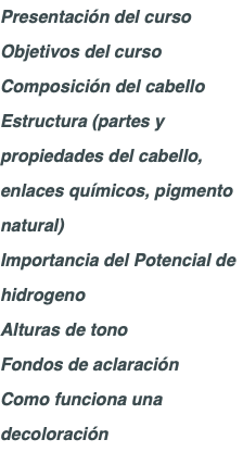 Presentación del curso Objetivos del curso Composición del cabello Estructura (partes y propiedades del cabello, enlaces químicos, pigmento natural) Importancia del Potencial de hidrogeno Alturas de tono Fondos de aclaración Como funciona una decoloración