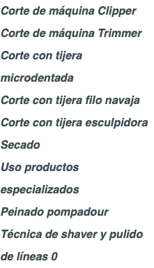 Corte de máquina Clipper Corte de máquina Trimmer Corte con tijera microdentada Corte con tijera filo navaja Corte con tijera esculpidora Secado Uso productos especializados Peinado pompadour Técnica de shaver y pulido de líneas 0